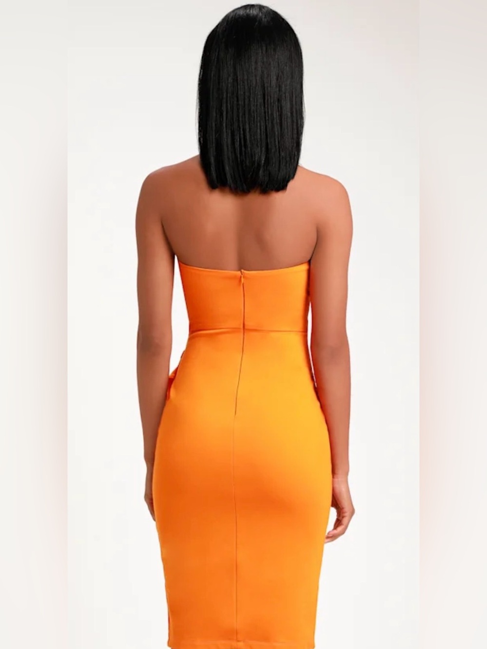 LULU’S ANIKA ORANGE RUFFLED STRAPLESS BODYCON DRESS - Picture 2 of 7